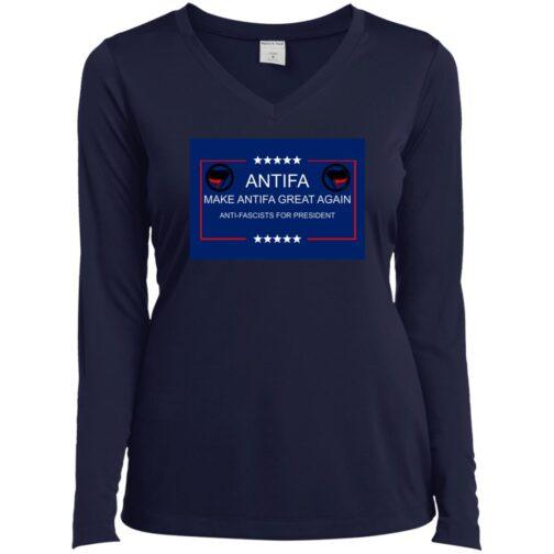 True navy ladies V-neck tee with a "Make Antifa Great Again" design in red, white, and black. The design includes five stars and the Antifa flag symbol. Anti-fascist protest apparel.