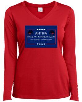 A red long-sleeved v-neck tee shirt features a blue rectangle with "Antifa: Make Antifa Great Again, Anti-Fascists for President" and Antifa logos. This ladies v-neck tee is a bold statement.