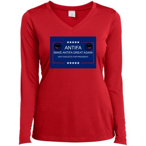 A red long-sleeved v-neck tee shirt features a blue rectangle with "Antifa: Make Antifa Great Again, Anti-Fascists for President" and Antifa logos. This ladies v-neck tee is a bold statement.