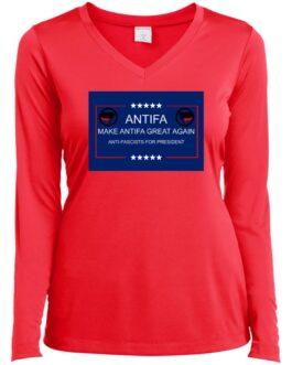 Hot coral ladies' V-neck tee with "Antifa: Make Antifa Great Again" graphic on the chest, part of anti-fascist protest apparel. The design features stars and the Antifa symbol.