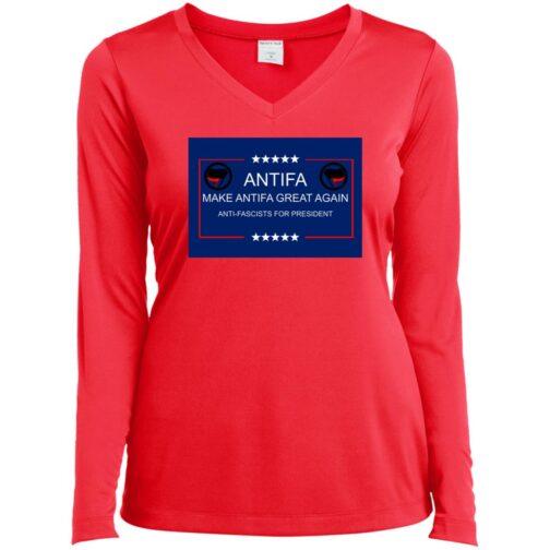 Hot coral ladies' V-neck tee with "Antifa: Make Antifa Great Again" graphic on the chest, part of anti-fascist protest apparel. The design features stars and the Antifa symbol.