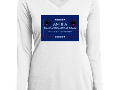 White v-neck tee featuring "Make Antifa Great Again" graphic, with stars and antifascist symbols, perfect anti-fascist protest apparel.