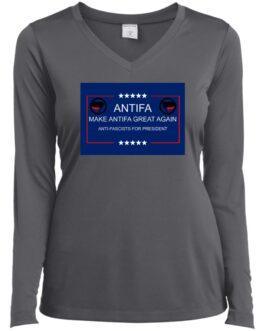 Iron grey ladies v-neck tee with a "Make Antifa Great Again" design featuring the Antifa symbol and stars. Anti-fascist protest apparel for a political statement.