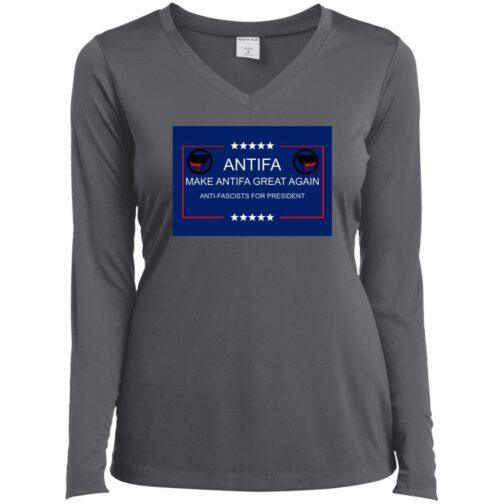 Iron grey ladies v-neck tee with a "Make Antifa Great Again" design featuring the Antifa symbol and stars. Anti-fascist protest apparel for a political statement.