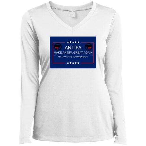 White v-neck tee featuring "Make Antifa Great Again" graphic, with stars and antifascist symbols, perfect anti-fascist protest apparel.