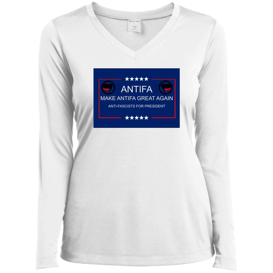 White v-neck tee featuring "Make Antifa Great Again" graphic, with stars and antifascist symbols, perfect anti-fascist protest apparel.