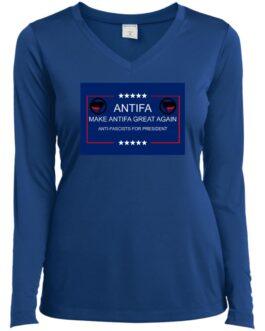 A royal blue ladies v-neck tee with "Antifa - Make Antifa Great Again, Anti-Fascists for President" printed on the front. The design includes stars and the Antifa flag symbol.