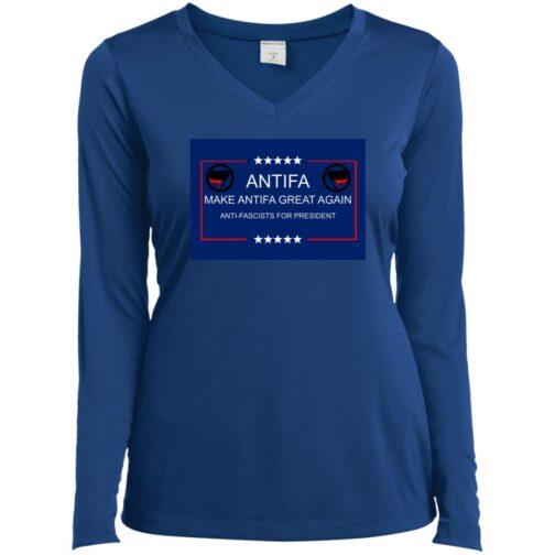 A royal blue ladies v-neck tee with "Antifa - Make Antifa Great Again, Anti-Fascists for President" printed on the front. The design includes stars and the Antifa flag symbol.