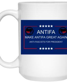 White 15oz ceramic "Make Antifa Great Again" mug. Features the Antifa logo, stars, and red frame on a blue background. A unique political gift for social justice advocates.
