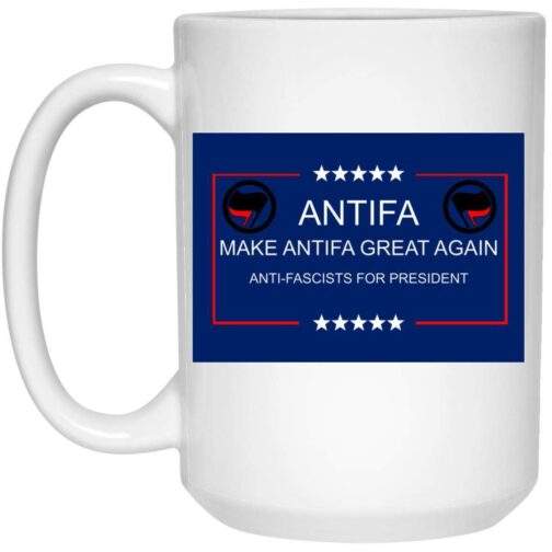 1032-9816-107814976 White 15oz ceramic "Make Antifa Great Again" mug. Features the Antifa logo, stars, and red frame on a blue background. A unique political gift for social justice advocates.