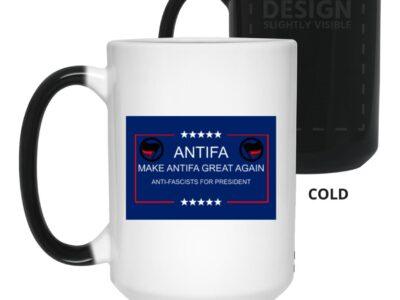 “Make Antifa Great Again” magic mug: black ceramic heat reveal mug turns white when hot, revealing the Antifa political slogan. A unique anti-fascist gift!