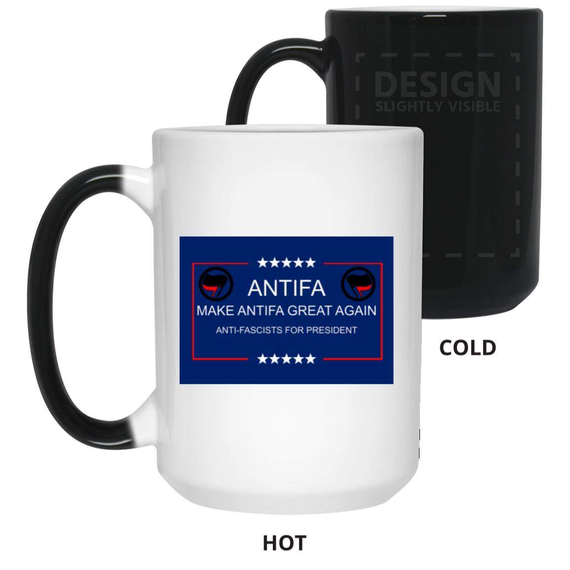 “Make Antifa Great Again” magic mug: black ceramic heat reveal mug turns white when hot, revealing the Antifa political slogan. A unique anti-fascist gift!