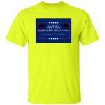 “Make Antifa Great Again” T-shirt, bright yellow heavy cotton tee with a political slogan design featuring Antifa logos and stars in a blue frame.