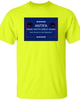 “Make Antifa Great Again” T-shirt, bright yellow heavy cotton tee with a political slogan design featuring Antifa logos and stars in a blue frame.
