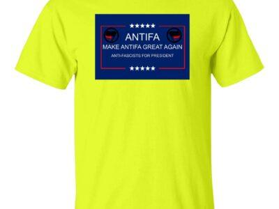 “Make Antifa Great Again” T-shirt, bright yellow heavy cotton tee with a political slogan design featuring Antifa logos and stars in a blue frame.