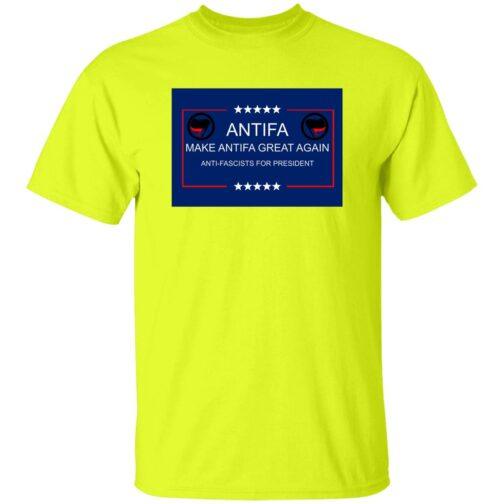 1049-15360-107814977 “Make Antifa Great Again” T-shirt, bright yellow heavy cotton tee with a political slogan design featuring Antifa logos and stars in a blue frame.