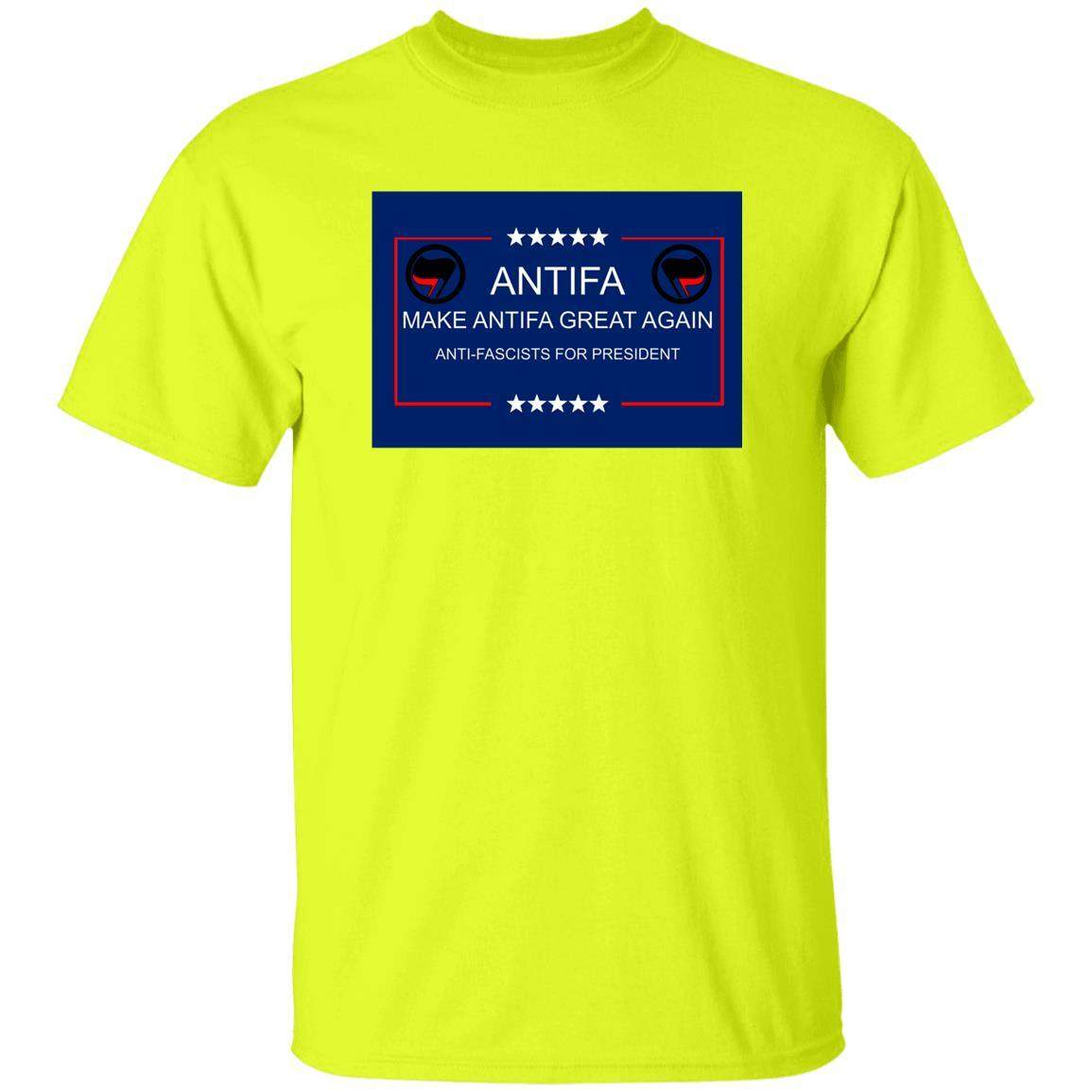 “Make Antifa Great Again” T-shirt, bright yellow heavy cotton tee with a political slogan design featuring Antifa logos and stars in a blue frame.