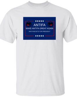 White "Make Antifa Great Again" t-shirt. The design features the Antifa symbol, stars, and the slogan "Make Antifa Great Again, Anti-Fascists for President" in a blue rectangle with a red border.