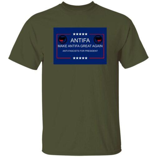 Olive green "Make Antifa Great Again" t-shirt. The design features the Antifa symbol, stars, and the slogan "Anti-Fascists for President" in red, white, and blue on a dark background.