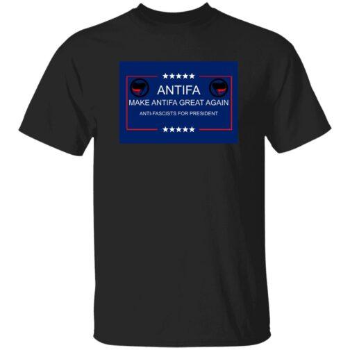 Black t-shirt featuring a blue square design with "Antifa" in bold white letters, five stars above and below, and the slogan "Make Antifa Great Again" and "Anti-Fascists for President" in white text.