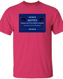A helconia-colored t-shirt featuring a blue box design with the text "Antifa: Make Antifa Great Again, Anti-Fascists for President" and the Antifa flag symbol. This heavy cotton tee is perfect for anti-fascist protests.