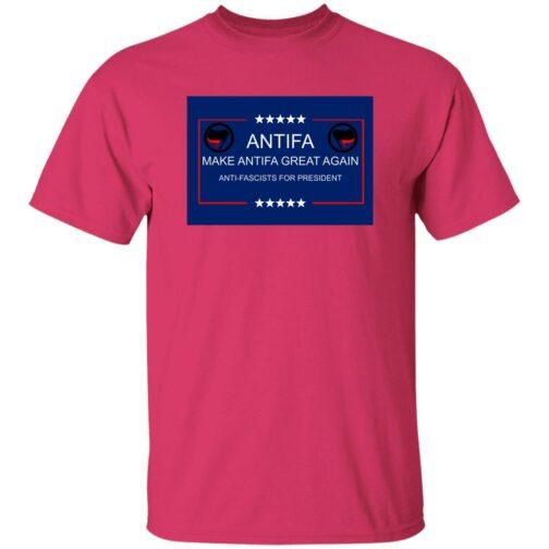 A helconia-colored t-shirt featuring a blue box design with the text "Antifa: Make Antifa Great Again, Anti-Fascists for President" and the Antifa flag symbol. This heavy cotton tee is perfect for anti-fascist protests.