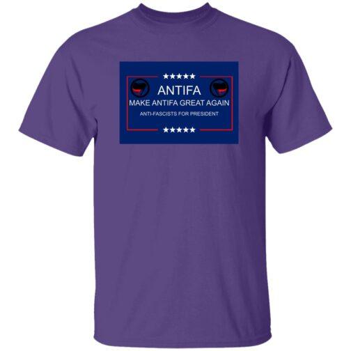 Purple "Make Antifa Great Again" T-shirt. The design features the Antifa symbol, stars, and the text "Anti-Fascists for President." A heavy cotton anti-fascist protest tee.