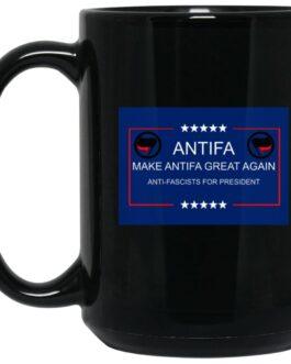 Black 15oz ceramic "Make Antifa Great Again" mug. Features a full-wrap print design with the Antifa logo, perfect for political coffee or tea.
