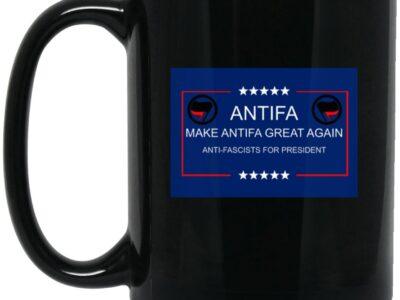 Black 15oz ceramic "Make Antifa Great Again" mug. Features a full-wrap print design with the Antifa logo, perfect for political coffee or tea.