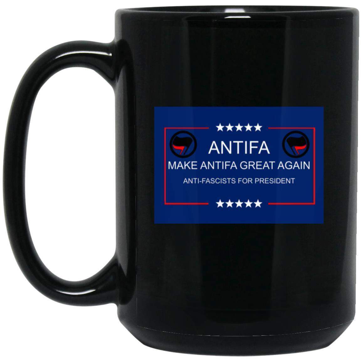 Black 15oz ceramic "Make Antifa Great Again" mug. Features a full-wrap print design with the Antifa logo, perfect for political coffee or tea.