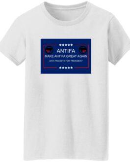 White "Make Antifa Great Again" t-shirt. The design features a blue rectangle with "Antifa" in bold white letters, flanked by Antifa symbols and stars, with the slogan "Make Antifa Great Again" and "Anti-Fascists for President" below.