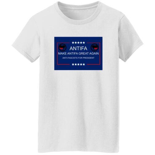 White "Make Antifa Great Again" t-shirt. The design features a blue rectangle with "Antifa" in bold white letters, flanked by Antifa symbols and stars, with the slogan "Make Antifa Great Again" and "Anti-Fascists for President" below.