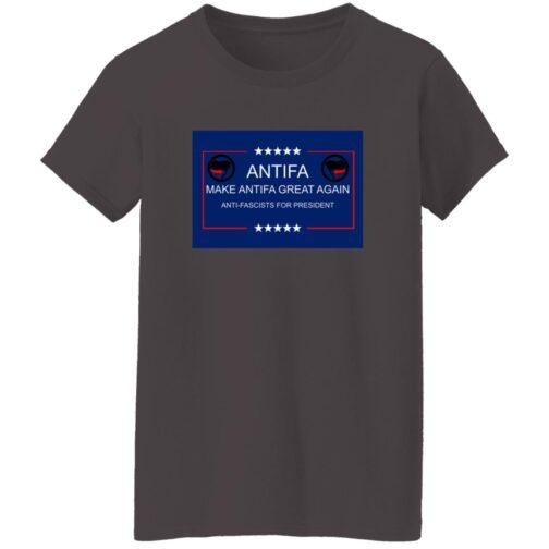 Charcoal grey "Make Antifa Great Again" T-shirt featuring a blue and red graphic with the Antifa symbol and text "Anti-Fascists for President." A women's cotton tee.