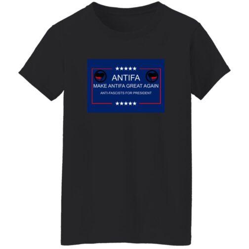 Black "Make Antifa Great Again" t-shirt. The design features the Antifa symbol and text "Make Antifa Great Again" and "Anti-Fascists for President" in a blue rectangle with a red border.