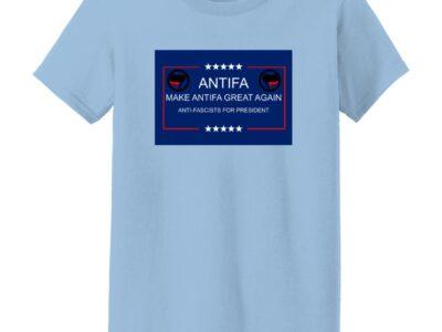 "Make Antifa Great Again" t-shirt. Light blue cotton tee with a bold graphic print—a political statement shirt for women activists.