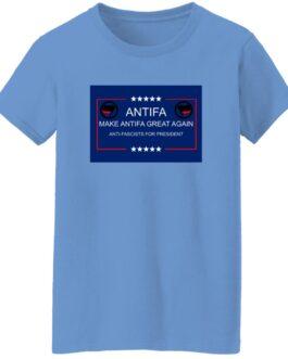 Carolina blue t-shirt featuring a "Make Antifa Great Again" design with the Antifa flag and stars. The text "Anti-Fascists for President" is included below.