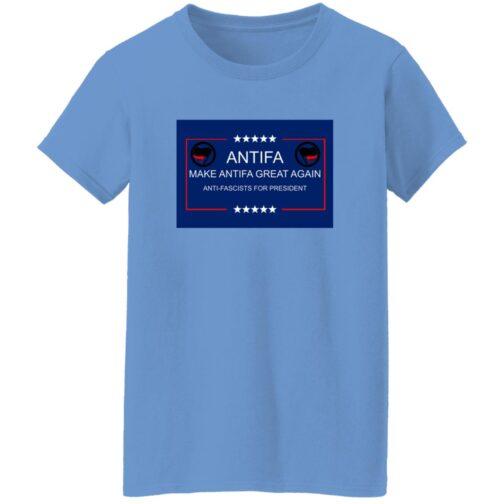 Carolina blue t-shirt featuring a "Make Antifa Great Again" design with the Antifa flag and stars. The text "Anti-Fascists for President" is included below.