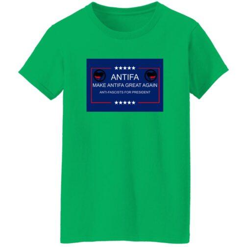 Irish green "Make Antifa Great Again" t-shirt. The design features the Antifa symbol and text: "Make Antifa Great Again" and "Anti-Fascists for President" in a blue frame with stars.