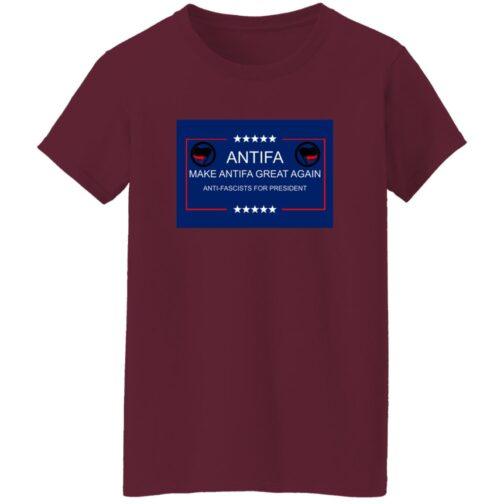 Maroon "Make Antifa Great Again" t-shirt. The design features the Antifa symbol and text "Make Antifa Great Again, Anti-Fascists for President" in a blue box with white stars.