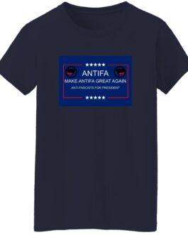 Navy blue "Make Antifa Great Again" t-shirt. The tee features a red, white, and blue graphic with the Antifa symbol and stars. A stylish anti-fascist women's cotton tee.