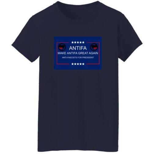 Navy blue "Make Antifa Great Again" t-shirt. The tee features a red, white, and blue graphic with the Antifa symbol and stars. A stylish anti-fascist women's cotton tee.