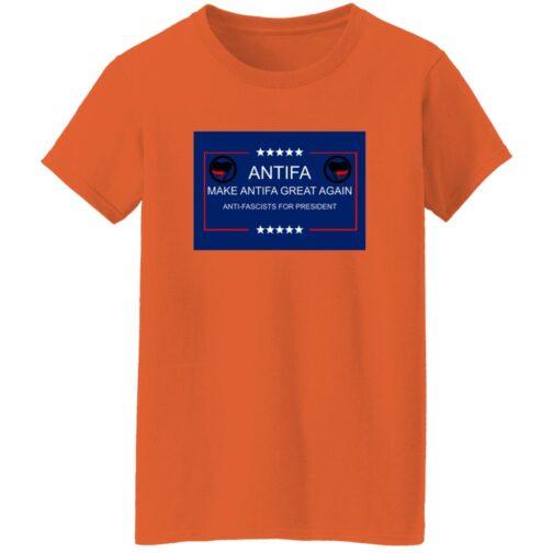 An orange "Make Antifa Great Again" T-shirt. The design features the Antifa flag and text "ANTIFA" and "ANTI-FASCISTS FOR PRESIDENT".