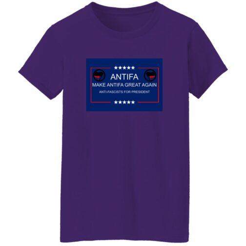 Purple t-shirt with a rectangular design featuring "Antifa" in bold white letters, the Antifa symbol, and the slogan "Make Antifa Great Again" and "Anti-Fascists for President.