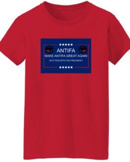 Red "Make Antifa Great Again" t-shirt. The design features the Antifa flag and text "Make Antifa Great Again, Anti-Fascists for President" in a blue rectangle with white stars.