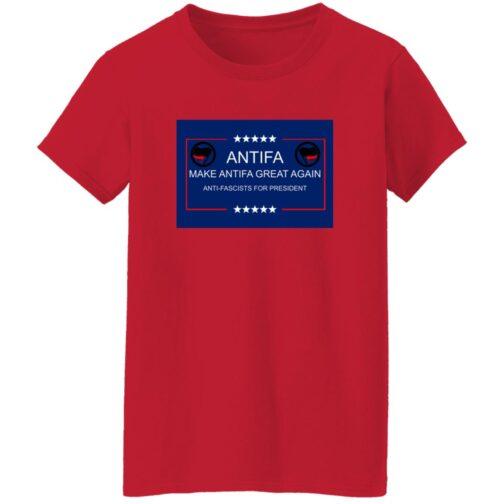 Red "Make Antifa Great Again" t-shirt. The design features the Antifa flag and text "Make Antifa Great Again, Anti-Fascists for President" in a blue rectangle with white stars.