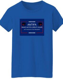 Royal blue "Make Antifa Great Again" T-shirt. The design features the Antifa logo and text "Anti-Fascists for President.