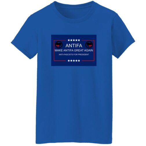 Royal blue "Make Antifa Great Again" T-shirt. The design features the Antifa logo and text "Anti-Fascists for President.