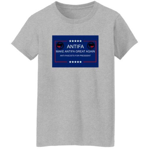 Sport grey "Make Antifa Great Again" T-shirt. The design features the Antifa logo and text "Anti-Fascists for President" in a blue box with red border and white stars.