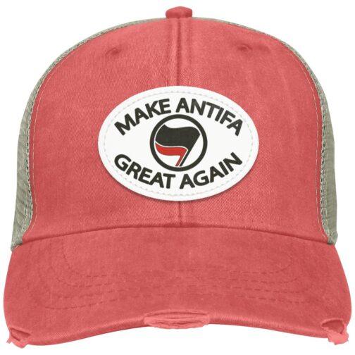 Coral "Make Antifa Great Again" hat. This Adams trucker cap features a vegan leather oval patch with "MAKE ANTIFA GREAT AGAIN" text and an Antifa flag symbol.