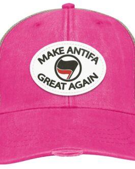 A neon pink and tan distressed Adams trucker cap featuring a vegan leather patch with the text "Make Antifa Great Again" and an Antifa flag symbol.